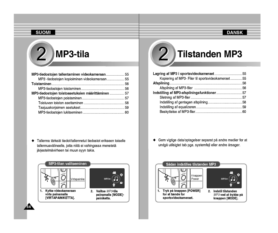 Samsung VP-X300L/XEF, VP-X300/XEF manual MP3-tilan valitseminen, Sådan indstilles tilstanden MP3 