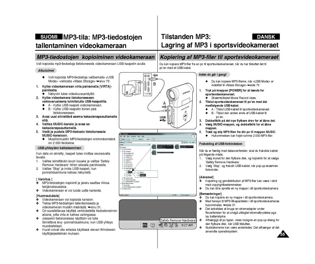 Samsung VP-X300/XEF, VP-X300L/XEF manual MP3-tila Mp3-tiedostojen Tilstanden MP3, Tallentaminen videokameraan 