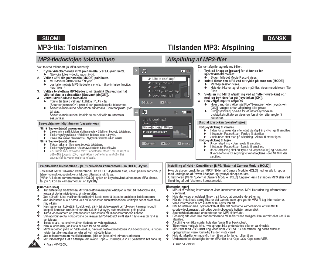 Samsung VP-X300L/XEF MP3-tila Toistaminen Tilstanden MP3 Afspilning, Mp3-tiedostojen toistaminen Afspilning af MP3-filer 