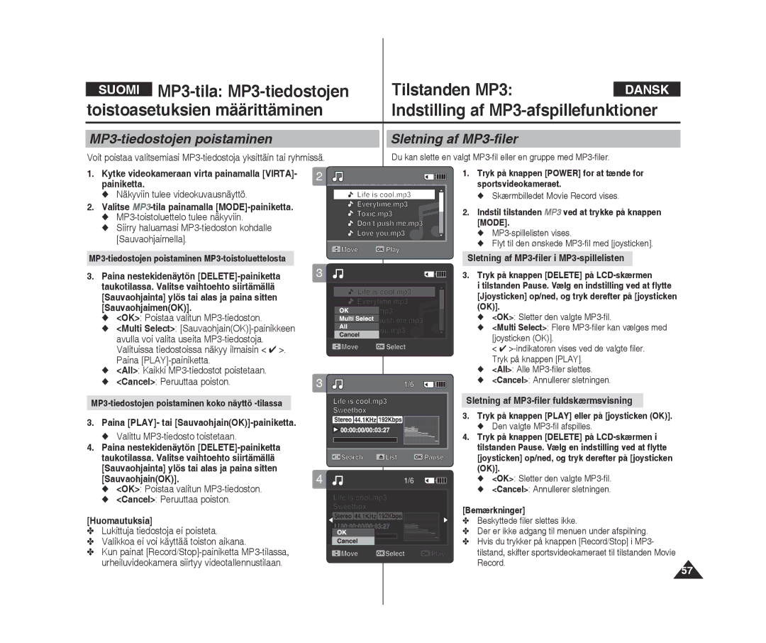 Samsung VP-X300/XEF, VP-X300L/XEF manual Mp3-tiedostojen poistaminen, Sletning af MP3-filer 