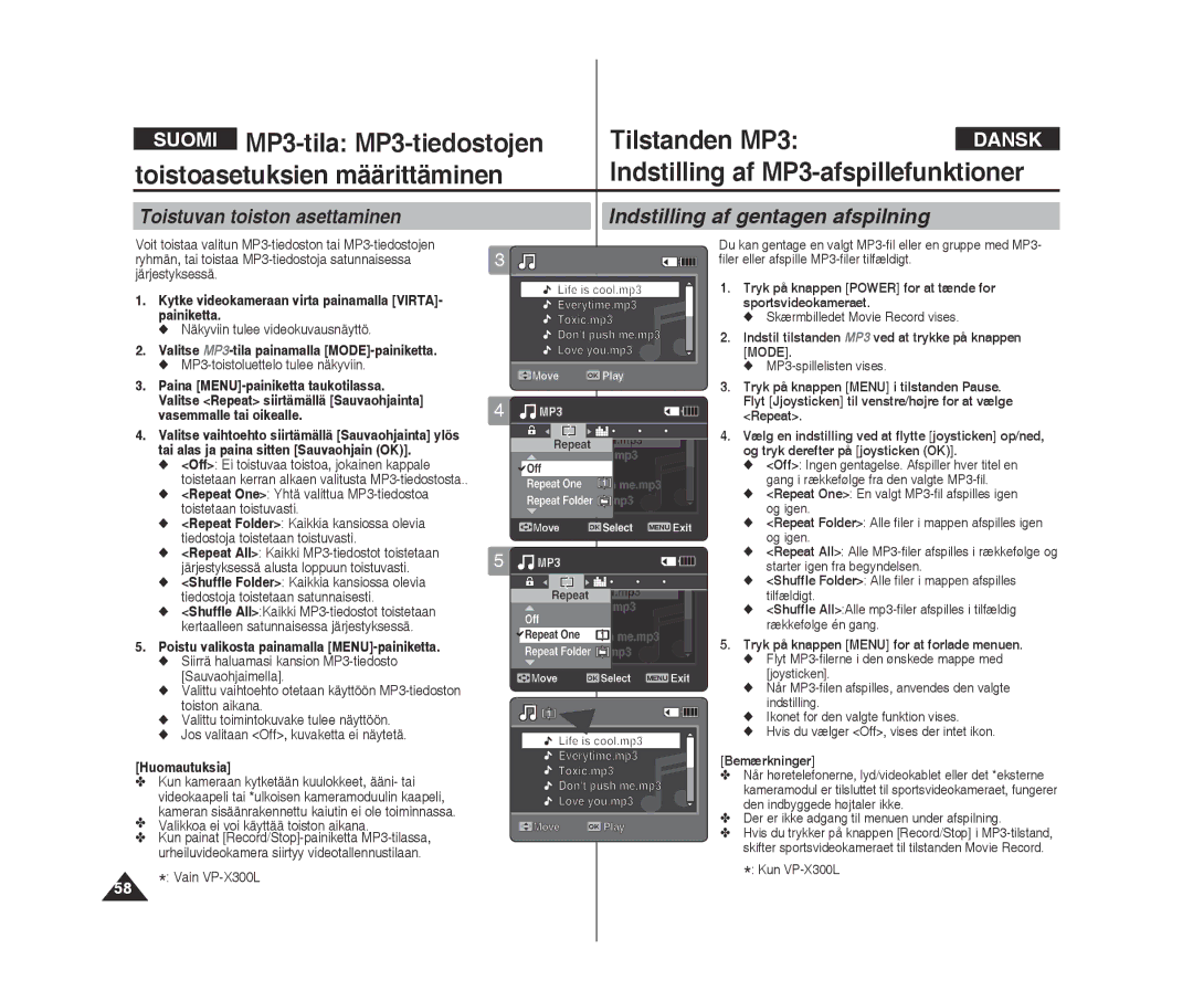 Samsung VP-X300L/XEF, VP-X300/XEF manual Indstilling af gentagen afspilning, Tryk på knappen Menu for at forlade menuen 