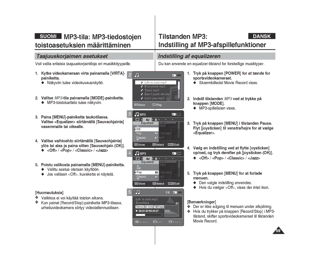 Samsung VP-X300/XEF, VP-X300L/XEF manual Taajuuskorjaimen asetukset, Indstilling af equalizeren 