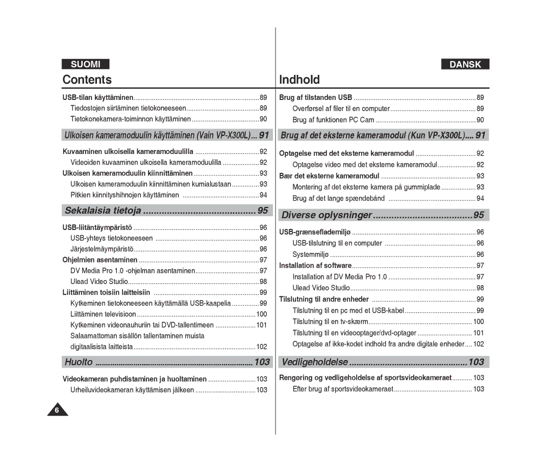 Samsung VP-X300L/XEF, VP-X300/XEF manual Indhold, 103 