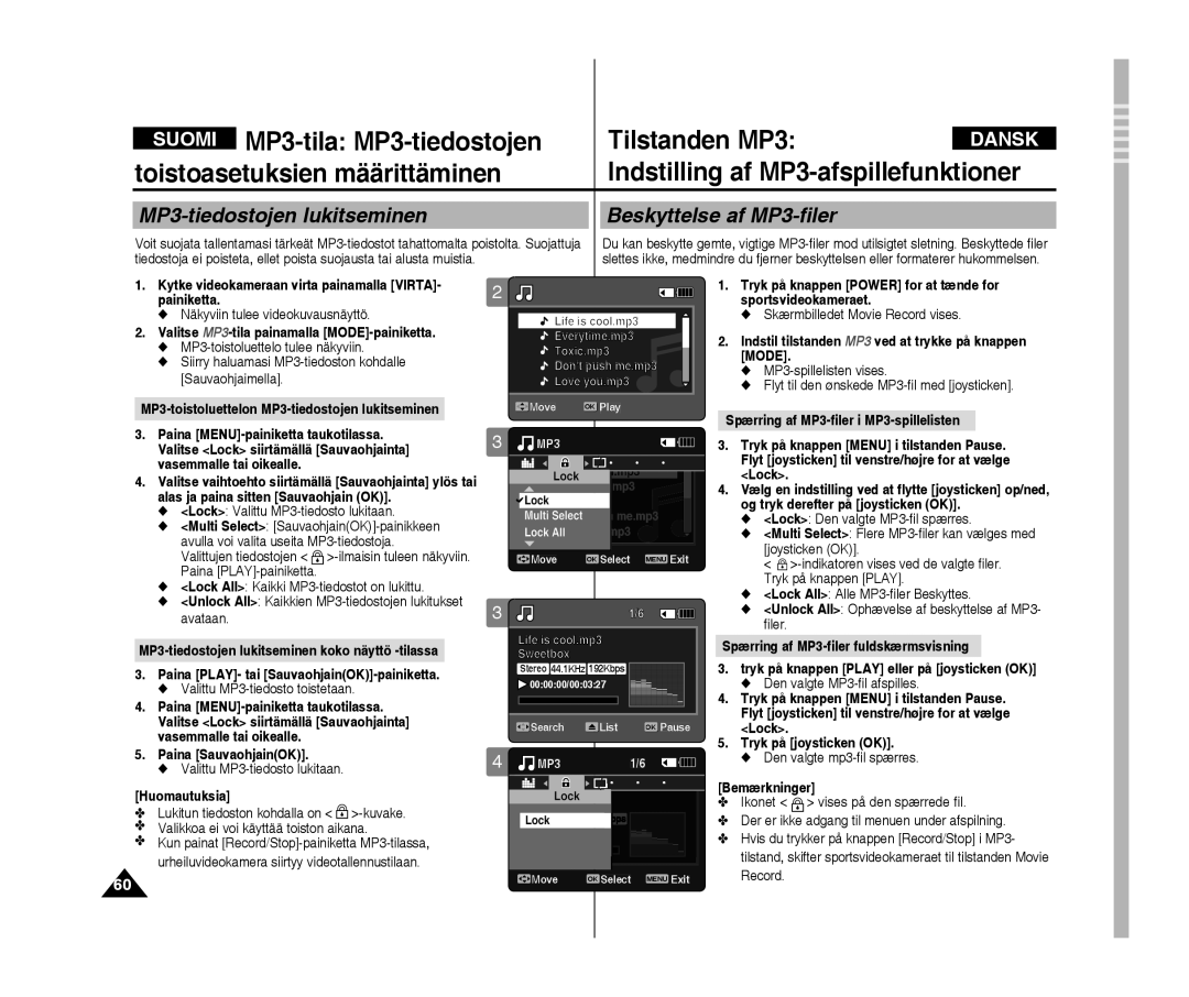 Samsung VP-X300L/XEF, VP-X300/XEF manual Mp3-tiedostojen lukitseminen Beskyttelse af MP3-filer 