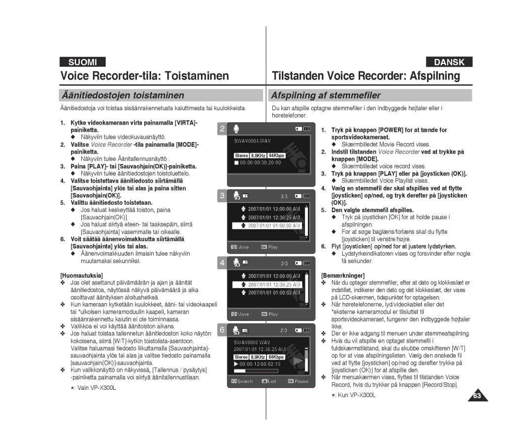 Samsung VP-X300/XEF, VP-X300L/XEF Voice recorder-tila Toistaminen, Äänitiedostojen toistaminen Afspilning af stemmefiler 