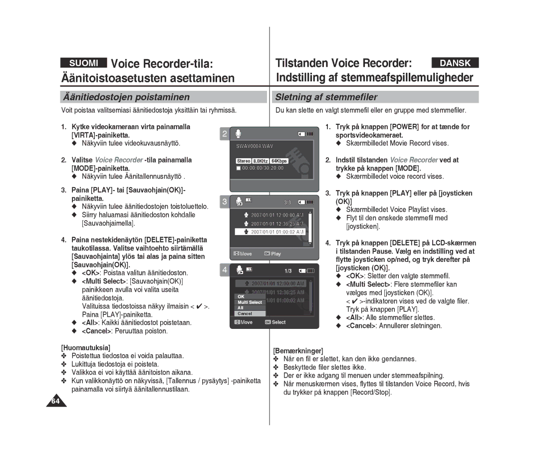 Samsung VP-X300L/XEF, VP-X300/XEF manual Voice recorder-tila Tilstanden Voice Recorder, Äänitoistoasetusten asettaminen 