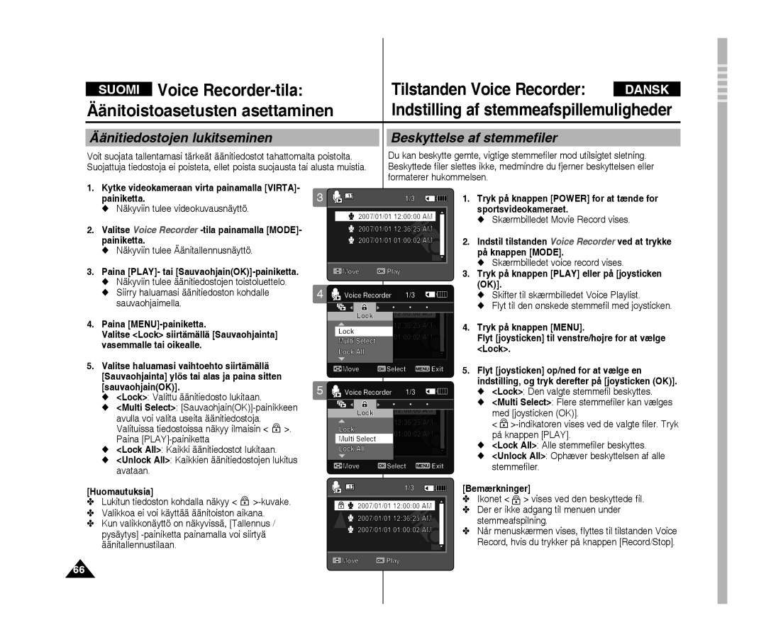 Samsung VP-X300L/XEF, VP-X300/XEF manual Äänitiedostojen lukitseminen Beskyttelse af stemmefiler 