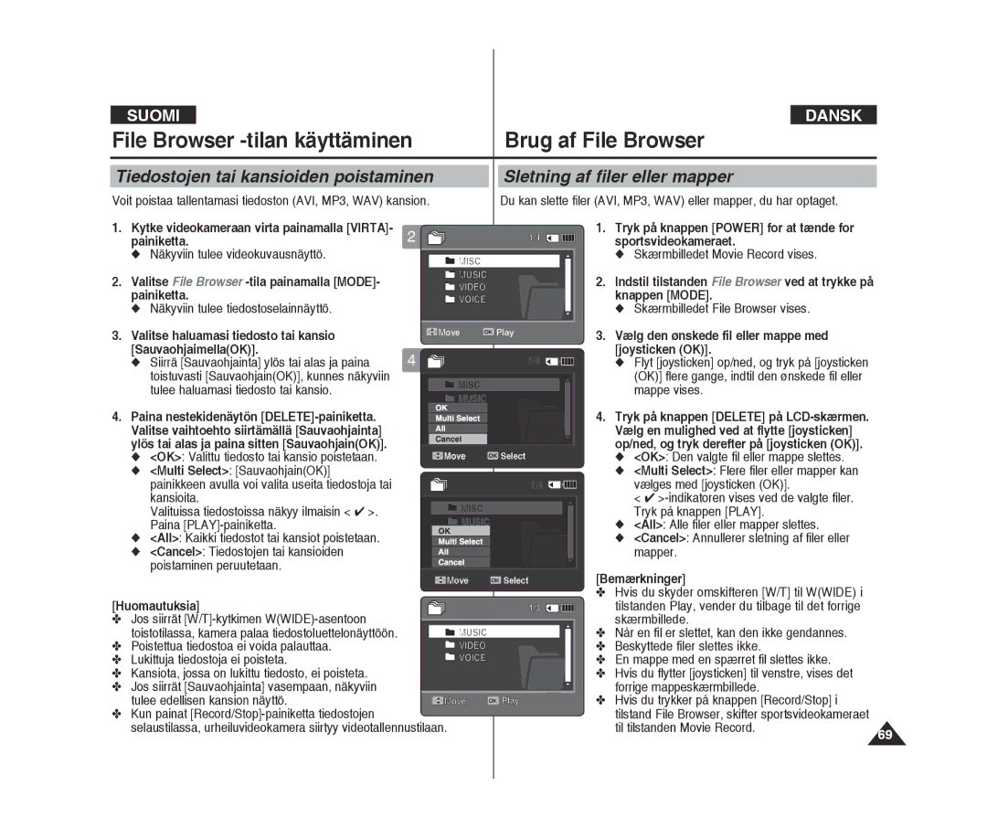 Samsung VP-X300/XEF manual File Browser -tilan käyttäminen Brug af File Browser, Tiedostojen tai kansioiden poistaminen 