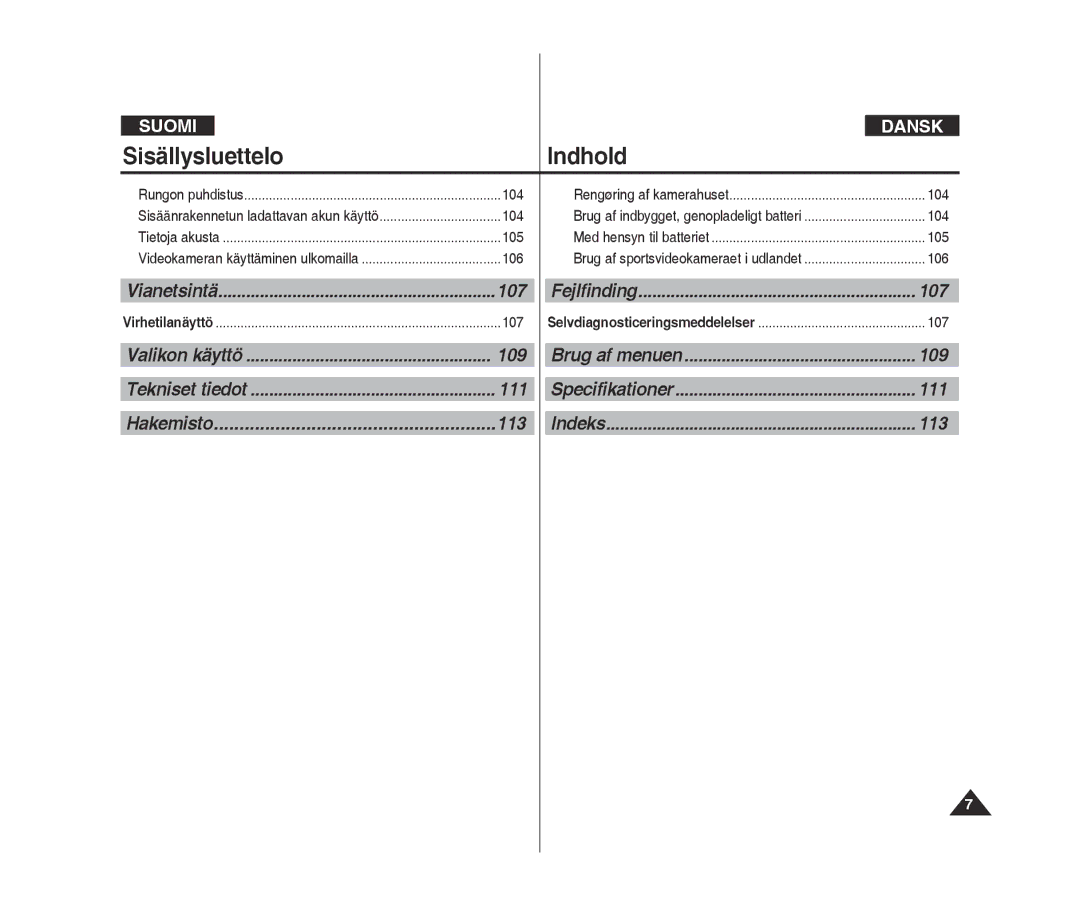 Samsung VP-X300/XEF, VP-X300L/XEF manual Sisällysluettelo Indhold, 107, 109, 111, 113 