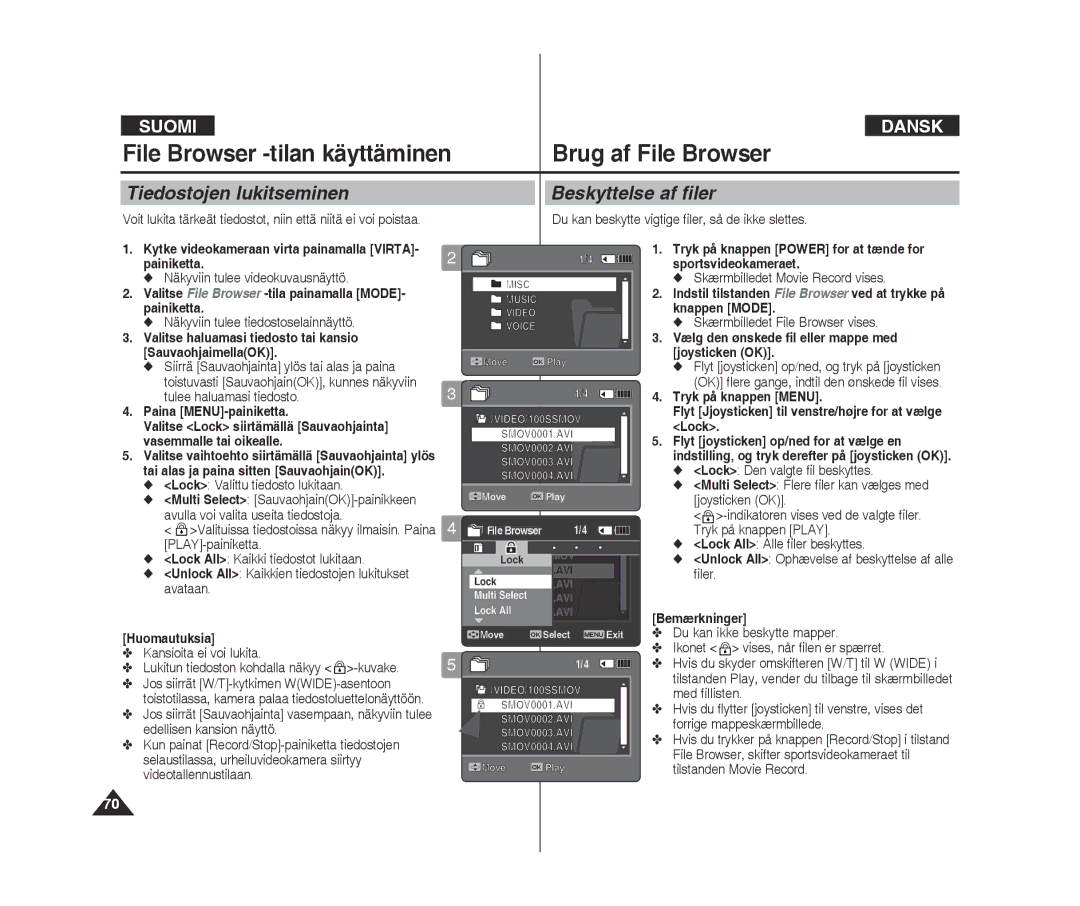 Samsung VP-X300L/XEF, VP-X300/XEF manual Tiedostojen lukitseminen Beskyttelse af filer, Lock Valittu tiedosto lukitaan 