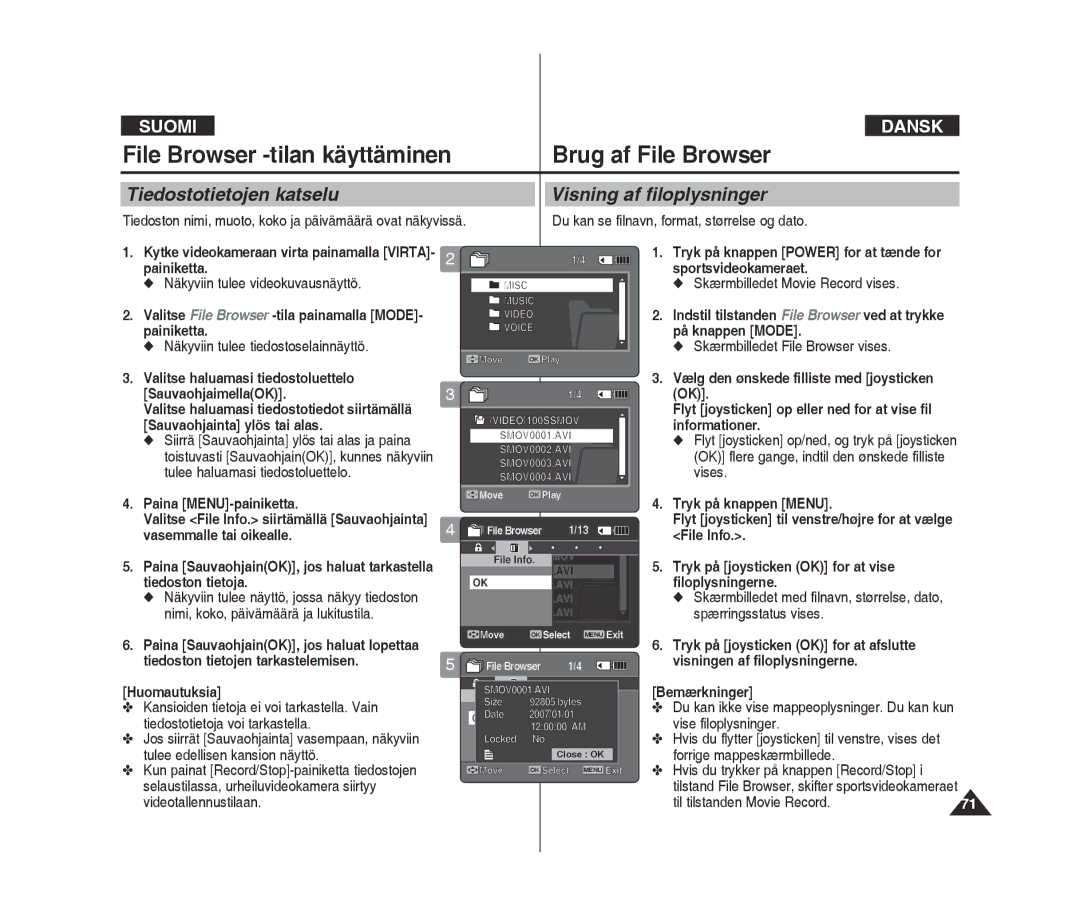 Samsung VP-X300/XEF, VP-X300L/XEF manual Tiedostotietojen katselu Visning af filoplysninger 