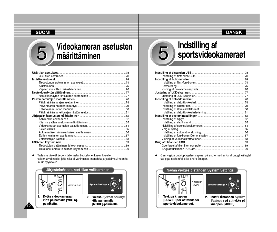 Samsung VP-X300L/XEF, VP-X300/XEF manual Videokameran asetusten, Järjestelmäasetukset-tilan valitseminen 