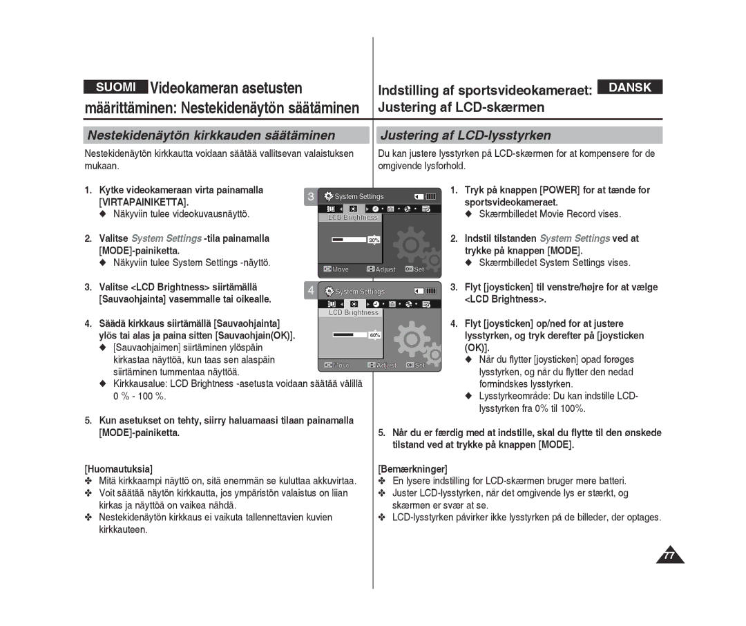 Samsung VP-X300/XEF, VP-X300L/XEF manual Justering af LCD-skærmen, Flyt joysticken op/ned for at justere 