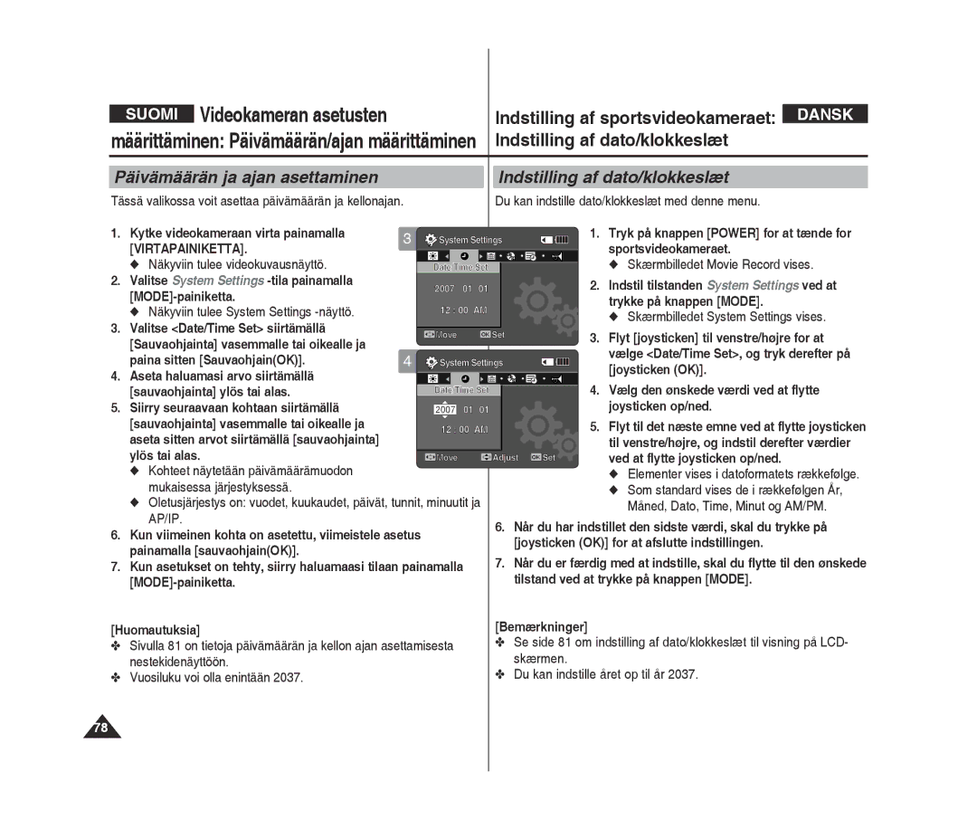 Samsung VP-X300L/XEF Indstilling af dato/klokkeslæt, Videokameran asetusten, Määrittäminen Päivämäärän/ajan määrittäminen 