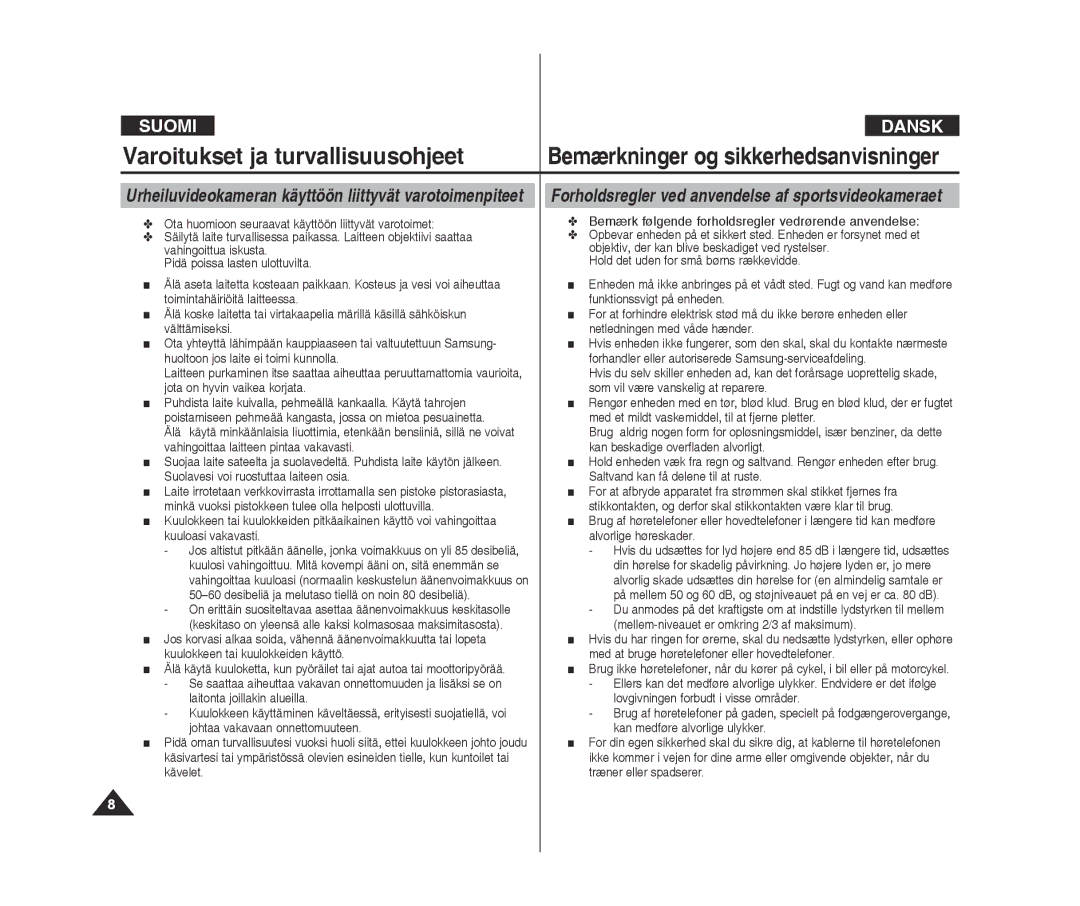 Samsung VP-X300L/XEF, VP-X300/XEF manual Varoitukset ja turvallisuusohjeet, Bemærkninger og sikkerhedsanvisninger 