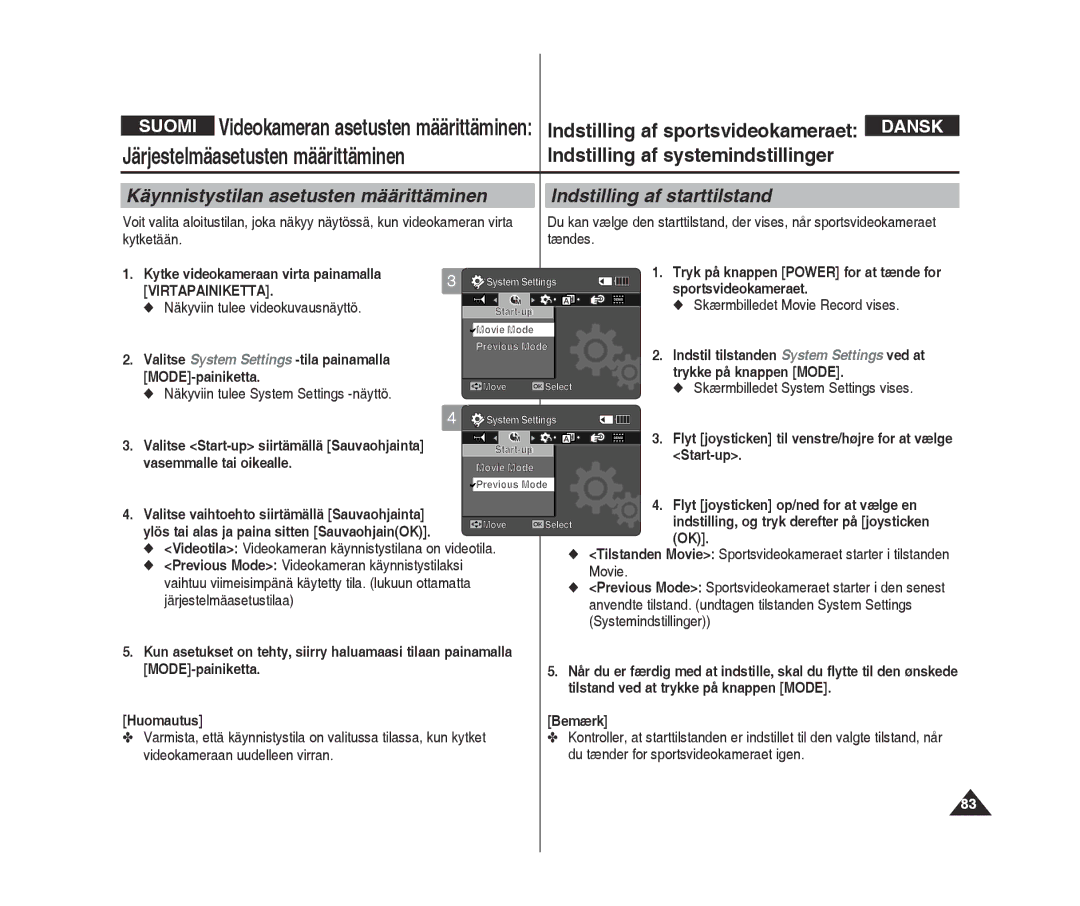 Samsung VP-X300/XEF manual Virtapainiketta Sportsvideokameraet, MODE-painiketta Trykke på knappen Mode, Start-up, Movie 