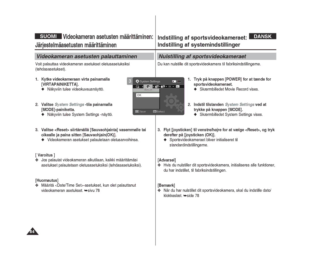 Samsung VP-X300L/XEF, VP-X300/XEF manual Videokameran asetusten palauttaminen, Nulstilling af sportsvideokameraet 