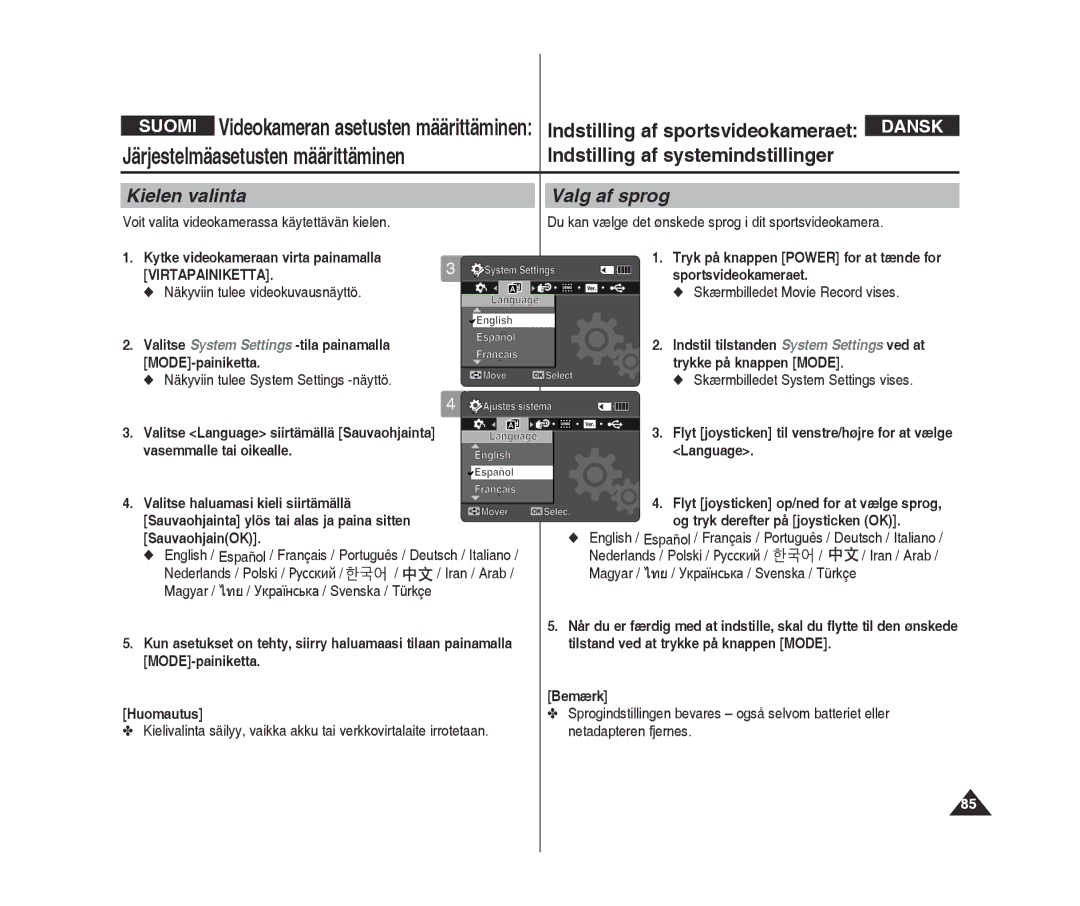 Samsung VP-X300/XEF, VP-X300L/XEF manual Kielen valinta, Valg af sprog 