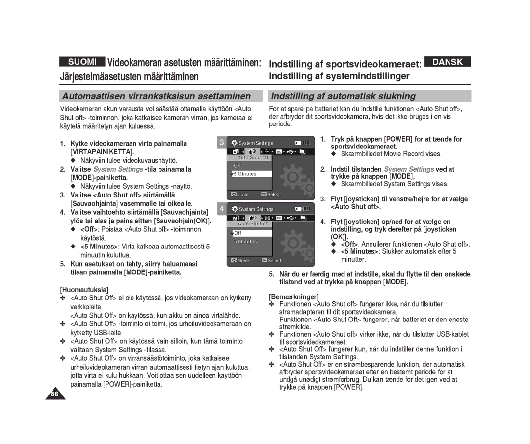 Samsung VP-X300L/XEF manual Automaattisen virrankatkaisun asettaminen, Indstilling af automatisk slukning, Auto Shut off 