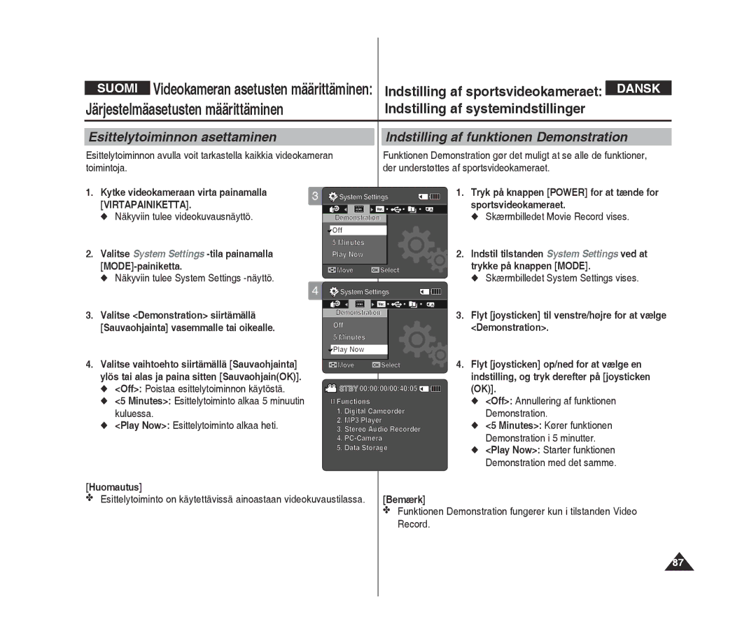 Samsung VP-X300/XEF, VP-X300L/XEF manual Esittelytoiminnon asettaminen, Indstilling af funktionen Demonstration 