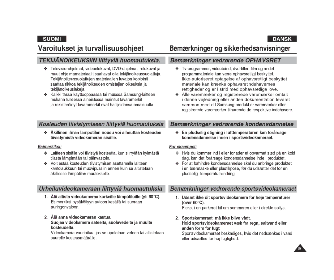 Samsung VP-X300/XEF, VP-X300L/XEF manual Tekijänoikeuksiin liittyviä huomautuksia, Bemærkninger vedrørende Ophavsret 