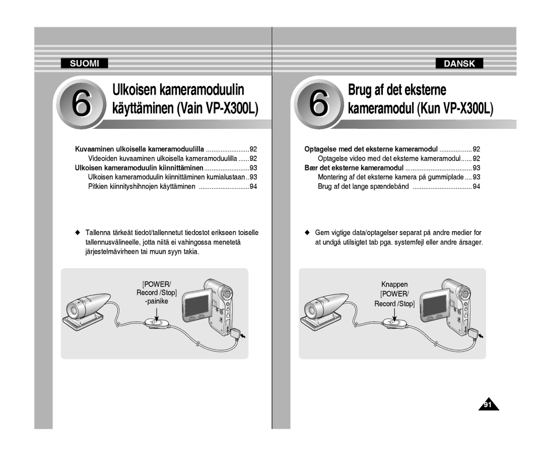 Samsung VP-X300/XEF Ulkoisen kameramoduulin Käyttäminen Vain VP-X300L, Videoiden kuvaaminen ulkoisella kameramoduulilla 