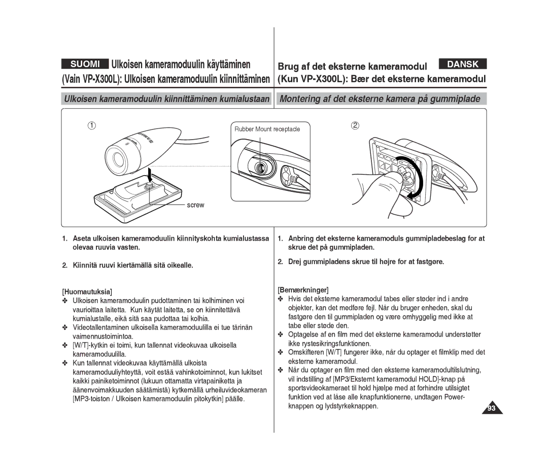 Samsung VP-X300/XEF Kun VP-X300L Bær det eksterne kameramodul, Screw, Knappen og lydstyrkeknappen, Rubber Mount receptacle 