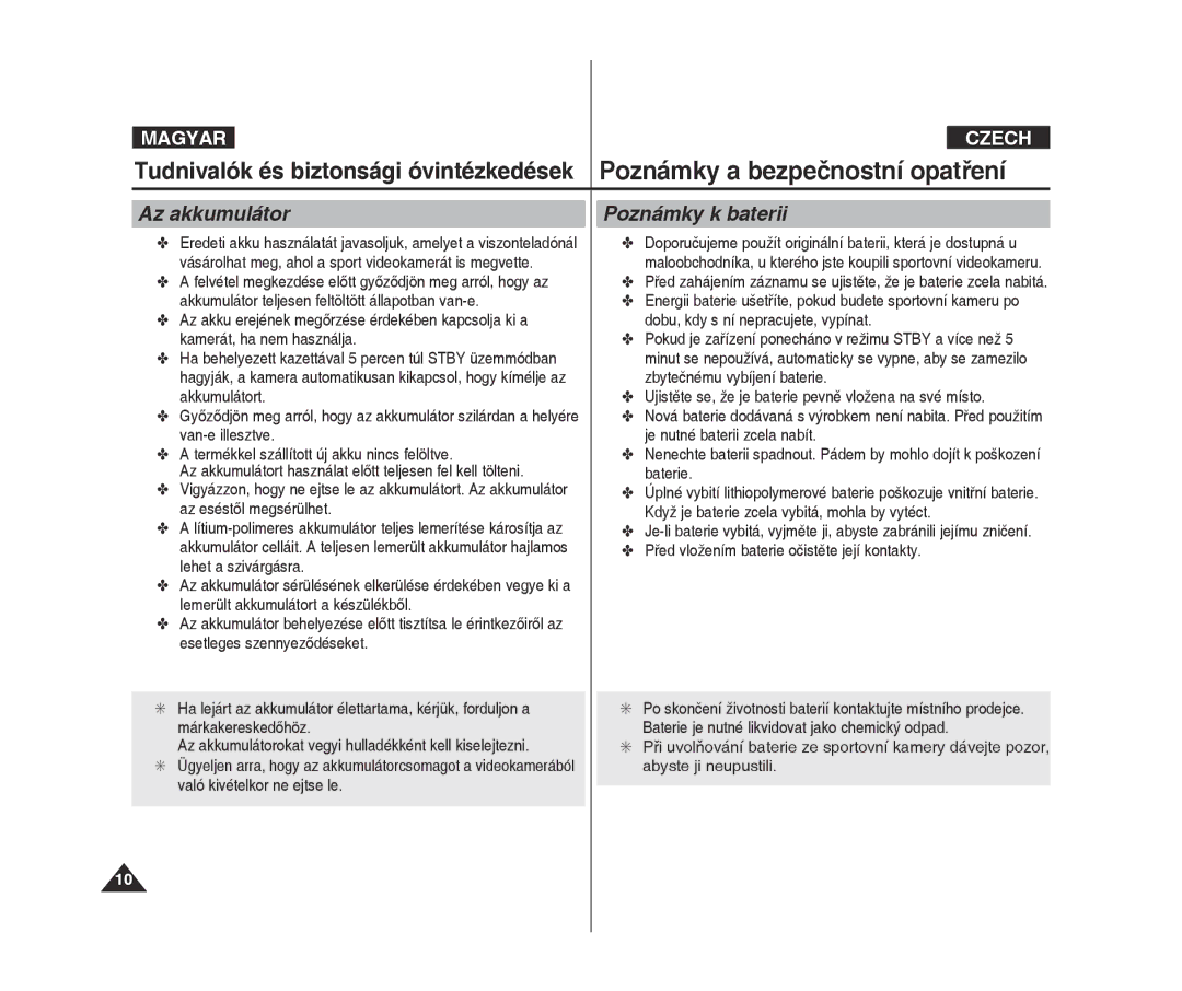 Samsung VP-X300L/XEO manual Poznámky a bezpečnostní opatření, Az akkumulátor Poznámky k baterii 