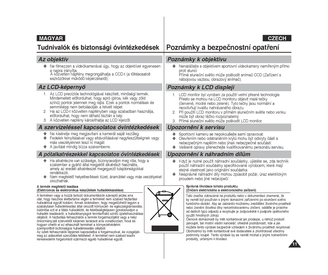 Samsung VP-X300L/XEO manual Az objektív Poznámky k objektivu, Az LCD-képernyő, Szervizeléssel kapcsolatos óvintézkedések 