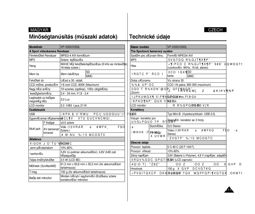 Samsung VP-X300L/XEO manual Minőségtanúsítás műszaki adatok Technické údaje, 111 