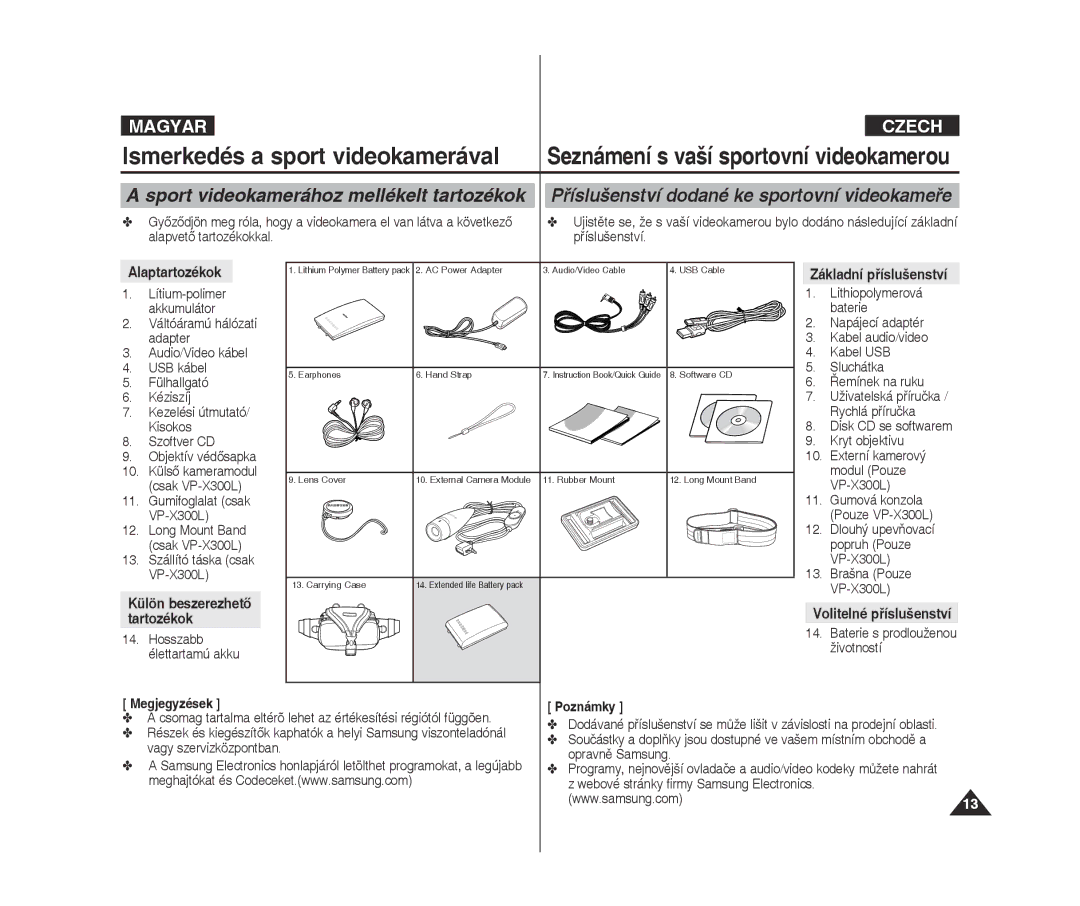 Samsung VP-X300L/XEO manual Alaptartozékok, Základní příslušenství, Külön beszerezhető, Tartozékok 