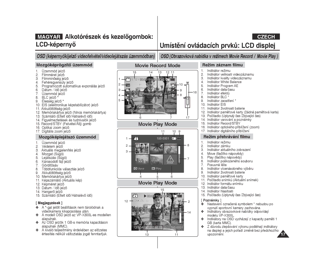 Samsung VP-X300L/XEO manual Mozgóképrögzítő üzemmód, Mozgóképlejátszó üzemmód, Režim záznam filmu, Režim přehrávání filmu 