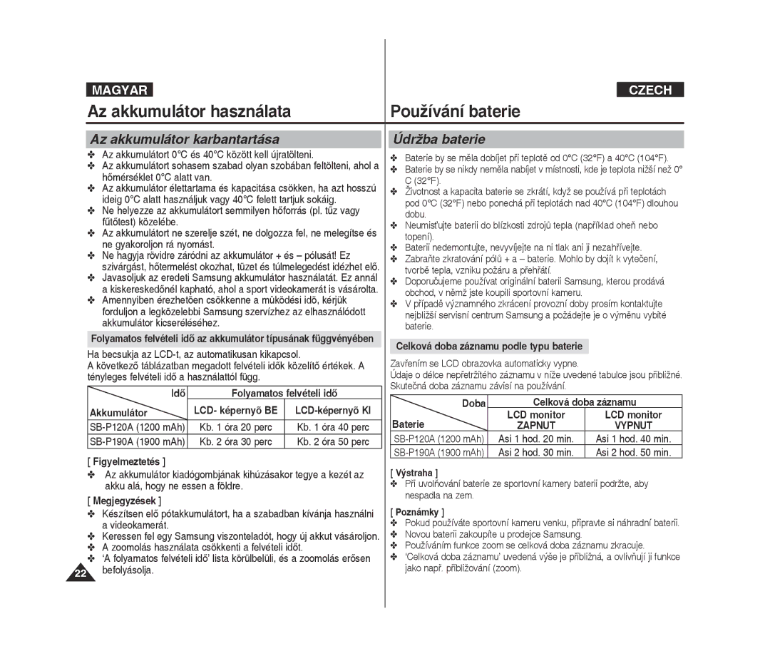 Samsung VP-X300L/XEO manual Az akkumulátor karbantartása, Údržba baterie 