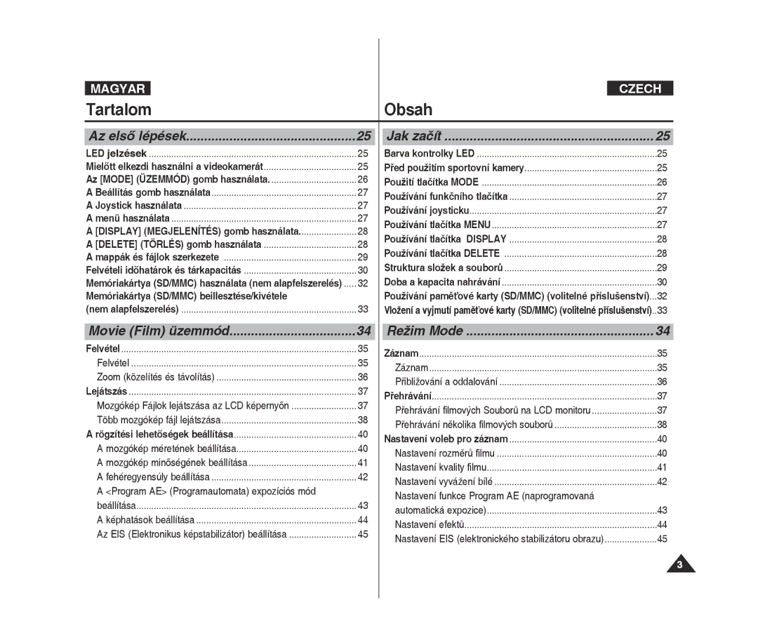 Samsung VP-X300L/XEO Tartalom Obsah, Memóriakártya SD/MMC beillesztése/kivétele, Program AE Programautomata expozíciós mód 