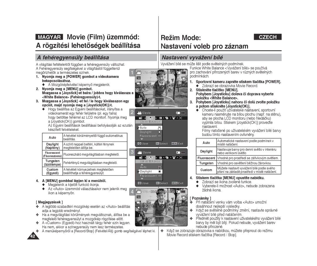 Samsung VP-X300L/XEO manual Fehéregyensúly beállítása Nastavení vyvážení bílé 