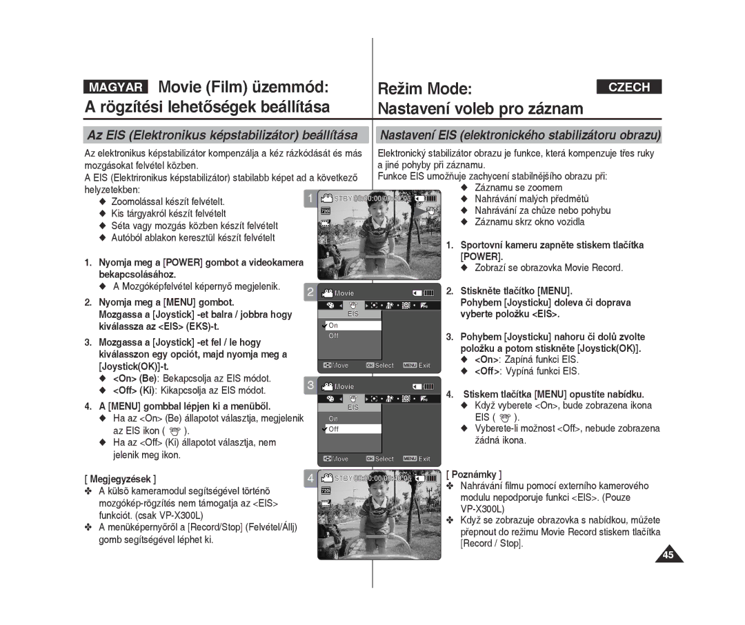 Samsung VP-X300L/XEO manual Az EIS Elektronikus képstabilizátor beállítása, Vyberte položku EIS, Kiválassza az EIS EKS-t 