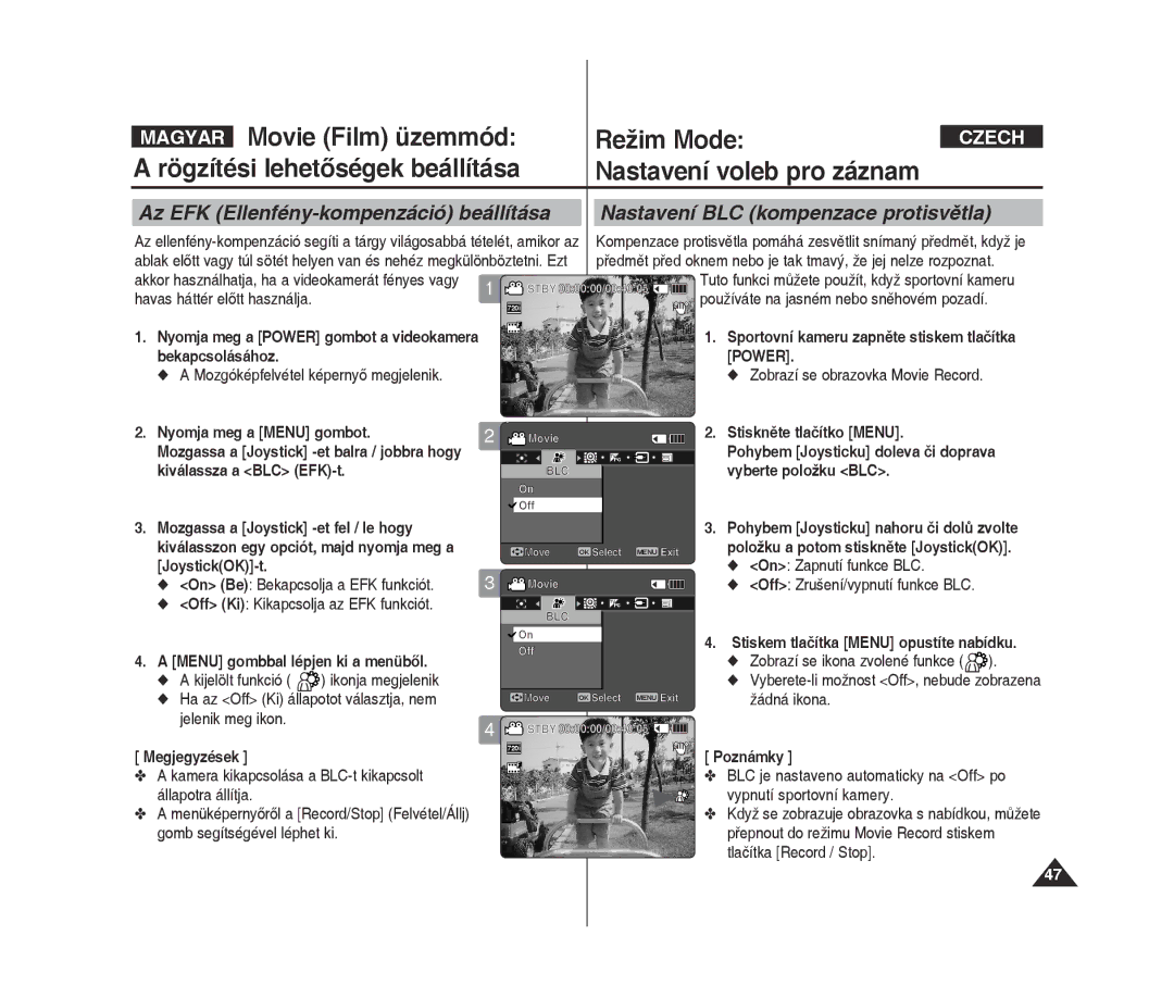 Samsung VP-X300L/XEO manual Havas háttér előtt használja, On Zapnutí funkce BLC Off Zrušení/vypnutí funkce BLC, On off 