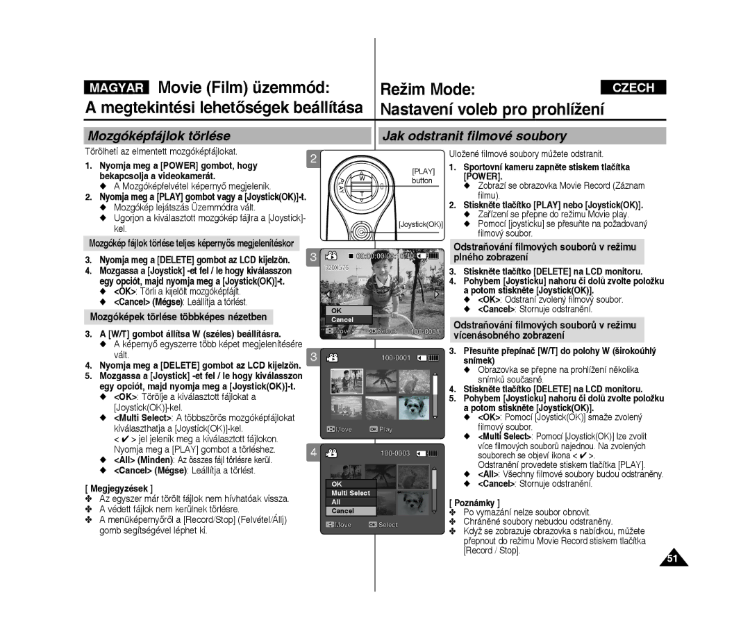 Samsung VP-X300L/XEO manual Mozgóképfájlok törlése Jak odstranit filmové soubory, Mozgóképek törlése többképes nézetben 