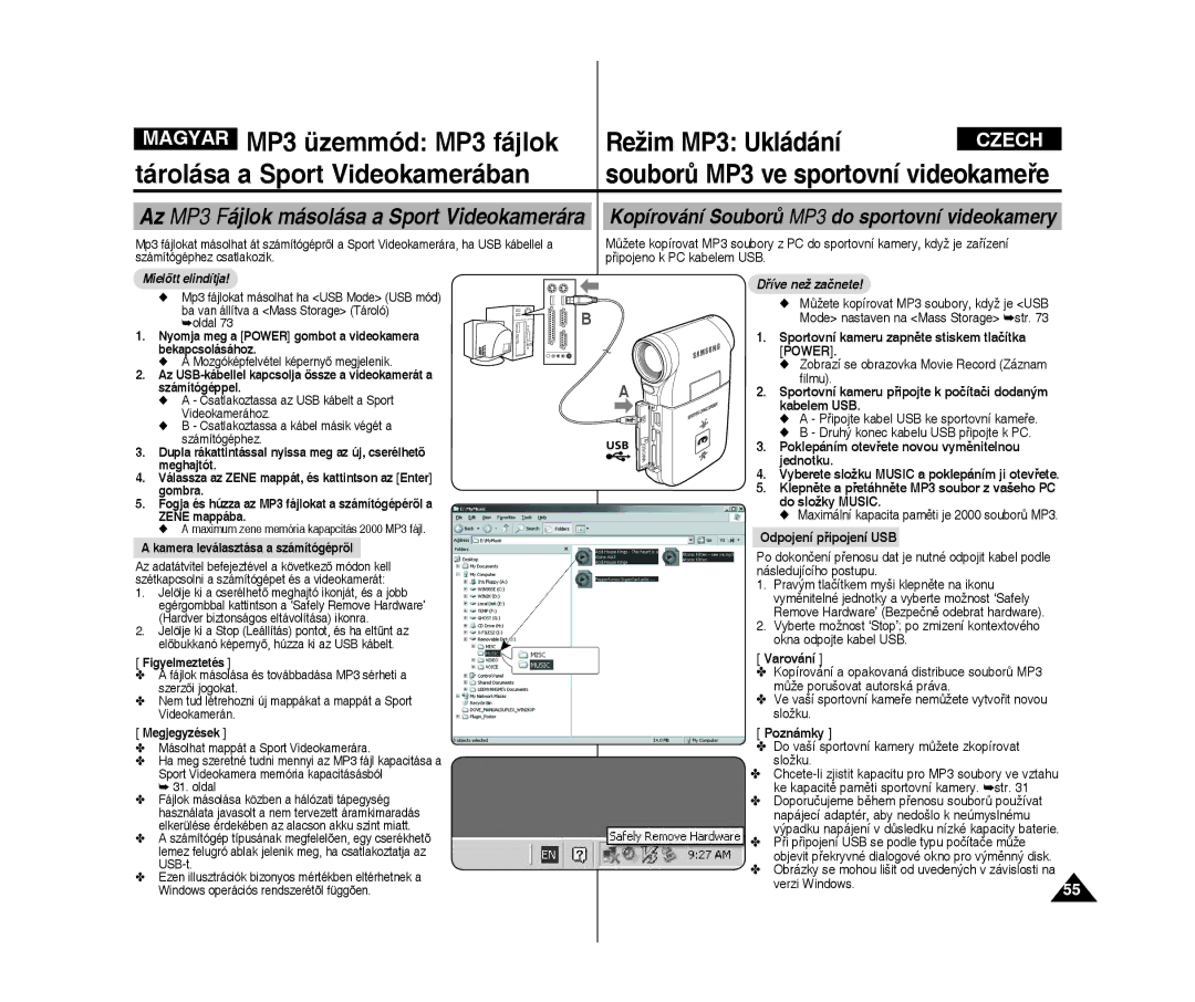 Samsung VP-X300L/XEO manual MP3 üzemmód MP3 fájlok Režim MP3 Ukládání, Tárolása a Sport Videokamerában 