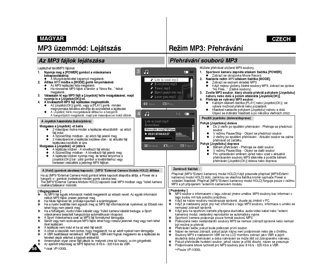 Samsung VP-X300L/XEO manual MP3 üzemmód Lejátszás Režim MP3 Přehrávání, Az Mp3 fájlok lejátszása Přehrávání souborů MP3 