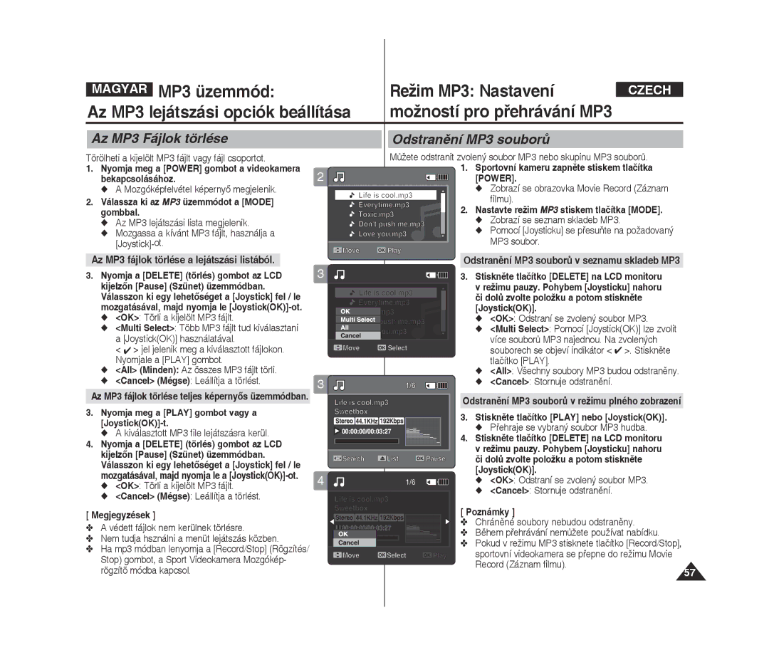 Samsung VP-X300L/XEO manual Režim MP3 Nastavení, Az Mp3 Fájlok törlése, Odstranění MP3 souborů 