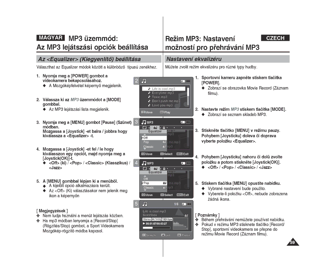 Samsung VP-X300L/XEO manual Az Mp3 lejátszási opciók beállítása, Az Equalizer Kiegyenlítő beállítása Nastavení ekvalizéru 