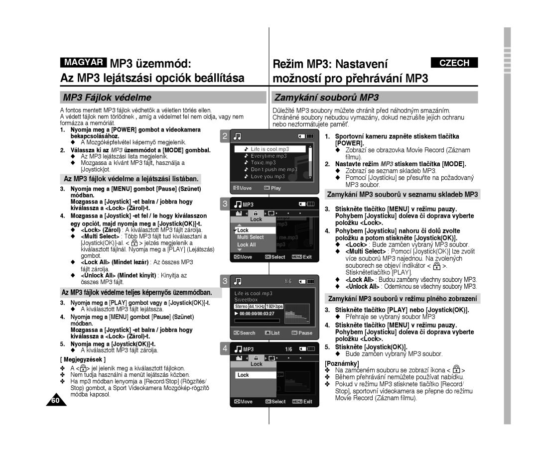 Samsung VP-X300L/XEO manual Mp3 Fájlok védelme Zamykání souborů MP3 