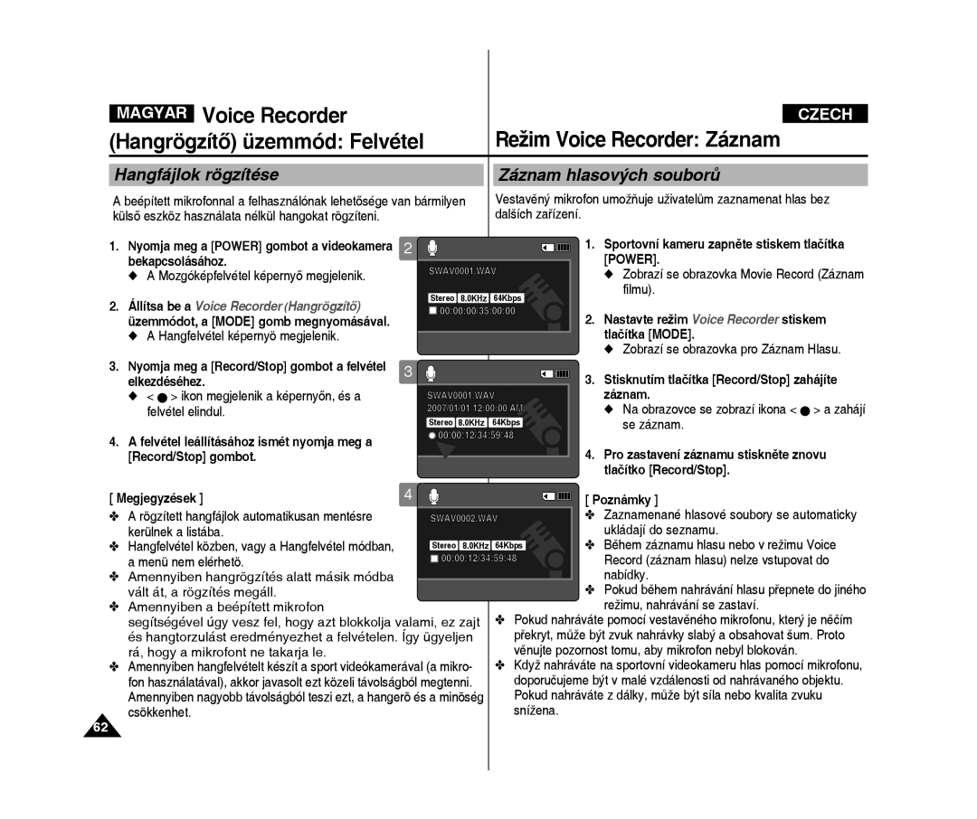 Samsung VP-X300L/XEO Magyar Voice Recorder, Hangrögzítő üzemmód Felvétel, Hangfájlok rögzítése Záznam hlasových souborů 