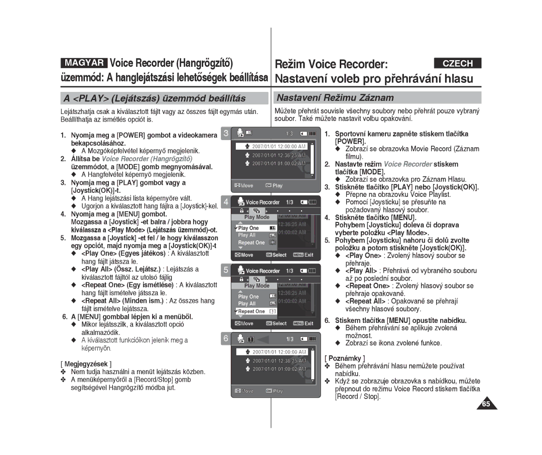 Samsung VP-X300L/XEO manual Přepne na obrazovku Voice Playlist, Play One Egyes játékos a kiválasztott hang fájlt játssza le 