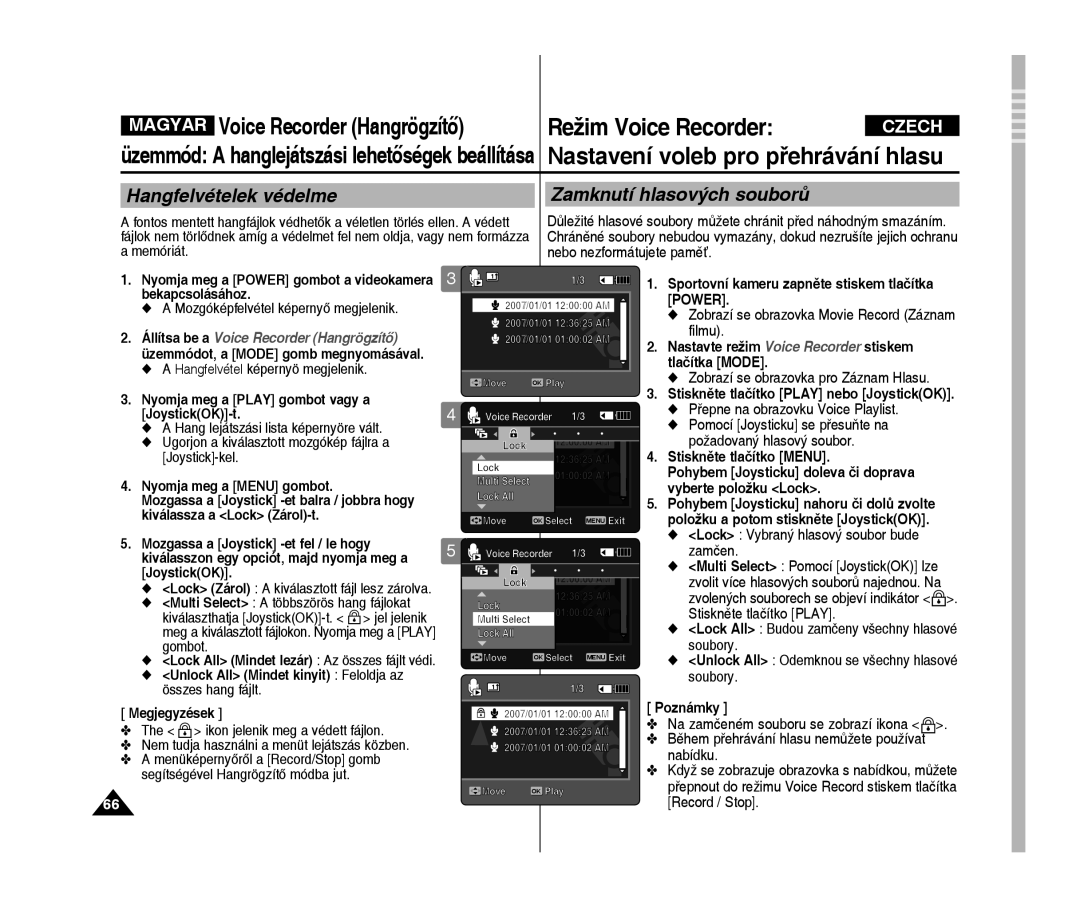 Samsung VP-X300L/XEO manual Lock Vybraný hlasový soubor bude zamčen, Ikon jelenik meg a védett fájlon 