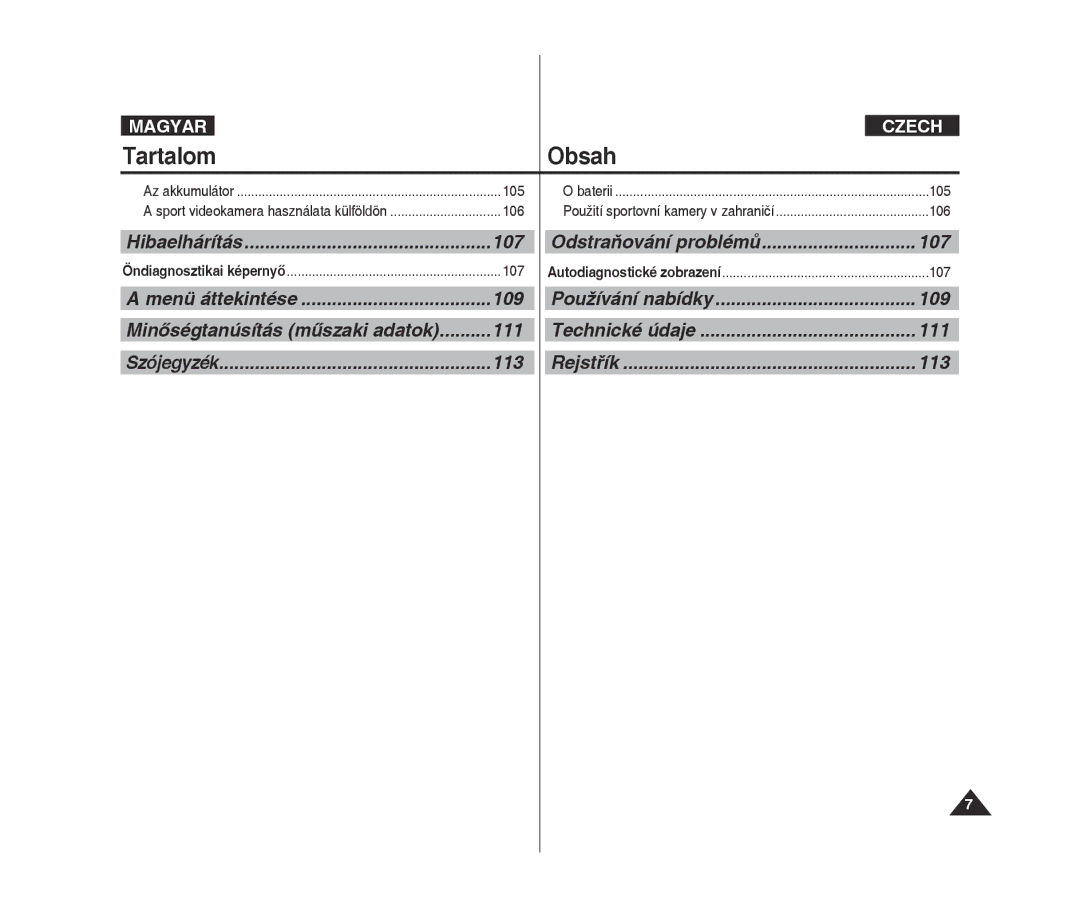 Samsung VP-X300L/XEO manual 107, 109, Minőségtanúsítás műszaki adatok 111, 113 