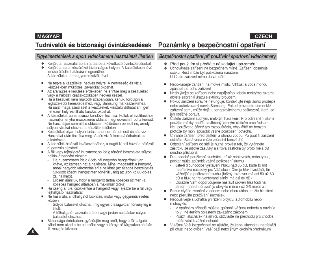 Samsung VP-X300L/XEO manual Figyelmeztetések a sport videokamera használatát illetően,  ill. mozgás közben 