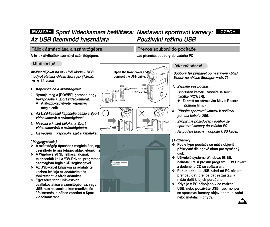 Samsung VP-X300L/XEO manual Sport Videokamera beállítása, Az USB üzemmód használata Používání režimu USB 