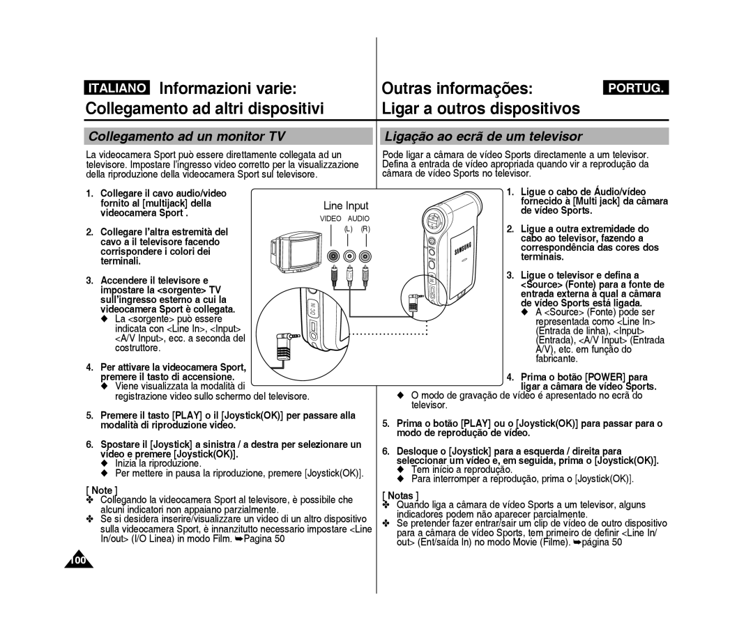 Samsung VP-X300/XET, VP-X300L/XET manual Collegamento ad un monitor TV, Ligação ao ecrã de um televisor, 100 
